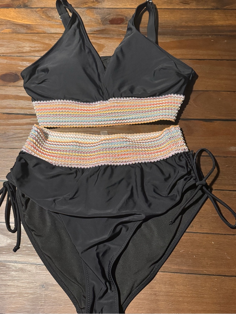 Black Two-Piece Swim Set with Multicolor Smocked Waistband - XL